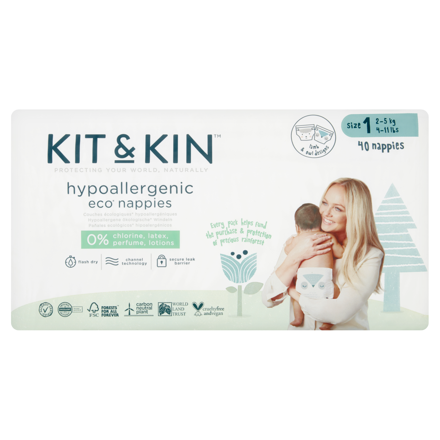 Kit & Kin Eco Size 1, 2-5kg 4-11lbs, Nappies x 40
