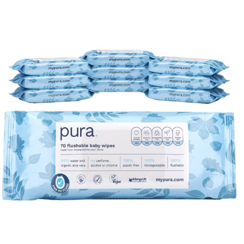 Pura Flushable Baby Wipes | Pack Of 10 x 70 Wipes