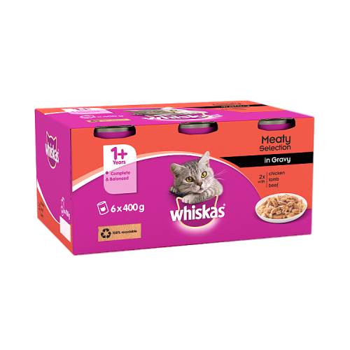 Whiskas Adult 1+ Wet Cat Food Tins Mixed Meaty in Gravy | 6 Tins x 400g