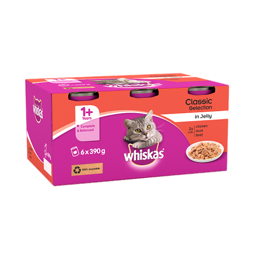Whiskas Adult 1+ Wet Cat Food Tins Mixed Meaty in Jelly | 6 Tins x 390g