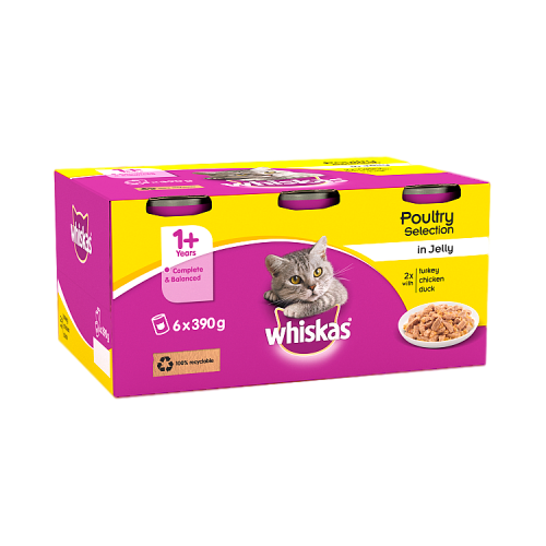 Whiskas Adult 1+ Wet Cat Food Tins Mixed Poultry in Jelly 6 x 390g