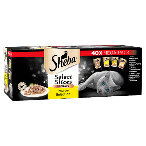 Sheba Select Slices Adult 1+ Wet Cat Food Pouches Poultry Selection in Gravy Mega Pack | 40 Pouches x 85g