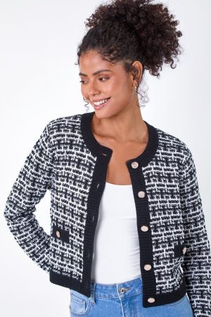 Dusk Fashion Boucle Knitted Contrast Cardigan in Black 12 female