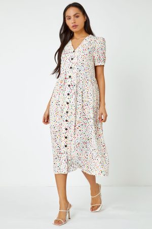 Dusk Fashion Ditsy Spot Print Button Down Dress in Yellow 10 female