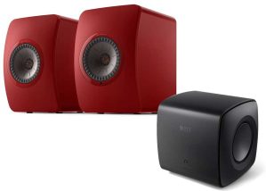 LS50 MK2 Wireless Speakers + KEF KC62 Subwoofer Crimson Red Carbon Black