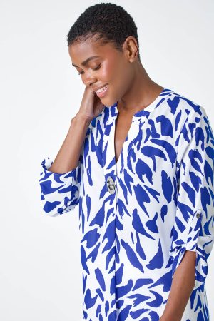 Roman Abstract Longline Button Detail Top in Royal Blue 14 female