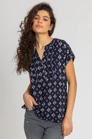 Roman Aztec Print Button Detail Top in Navy 10 female