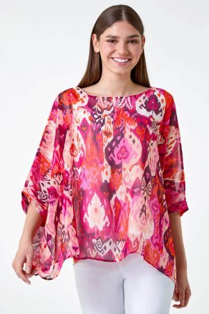 Roman Aztec Print Chiffon Overlay Top in Pink ML female