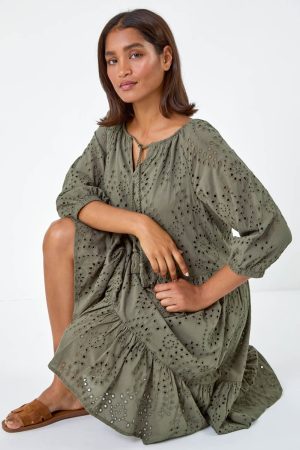 Roman Cotton Broderie Tiered Smock Dress in Khaki - Size 10 10 female
