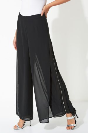 Roman Diamante Side Split Chiffon Trousers in Black 18 female