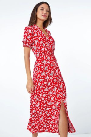 Roman Ditsy Floral Print Fit & Flare Dress in Red - Size 14 14 female