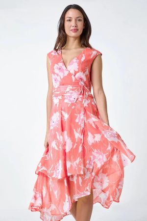 Roman Embellished Floral Print Tiered Midi Dress in Coral 16 female