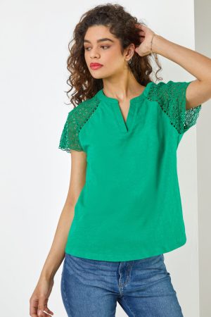 Roman Embroidered Sleeve Jersey T-Shirt in Green 10 female