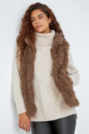 Roman Faux Fur Fluffy Gilet in Taupe 18 female