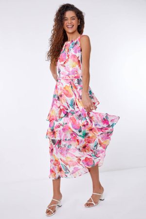Roman Floral Print Chiffon Frill Midi Dress in Pink 18 female