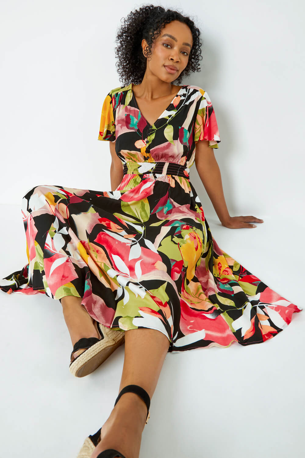 Roman Petite Roman Originals Petite Tropical Button Midi Dress in Pink ...