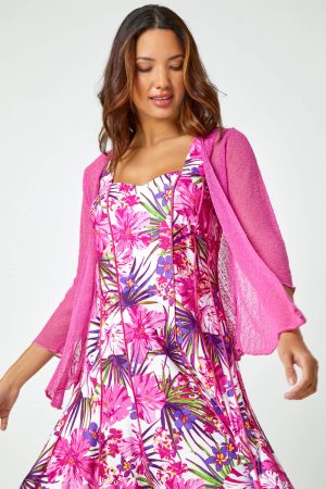 Roman Textured Pointelle Detail Shrug in Fuchsia 12 female
