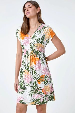 Roman Tropical Floral Gathered Stretch Dress in Green - Size 20 20 female