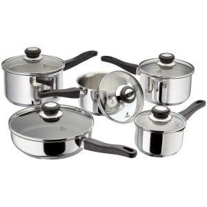 Judge Vista 5 Piece Stainless Steel Pan Set with Draining Glass Lids, 14/16/18/20cm Saucepans / 24cm Non-Stick Saute Pan with Lid blue/gray