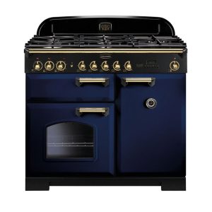 Rangemaster Classic Deluxe 100 Dual Fuel Range Cooker - Regal Blue/Brass