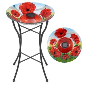 Christow Solar Powered Poppy Bird Bath Glass Garden Gift Decoration Ambient LED - Multi Coloured