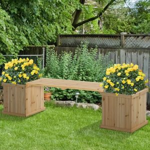 Dakota Fields Garden bench with 2 natural wood planters, 176 x 38 x 40cm brown 40.0 H x 176.0 W x 38.0 D cm