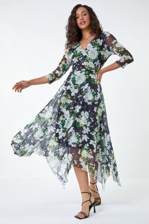 Dusk Fashion Abstract Stretch Mesh Hanky Hem Wrap Dress in Green - Size 8 8 female