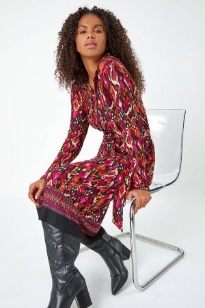 Dusk Fashion Aztec Print Midi Stretch Shirt Dress in Cerise 14 female
