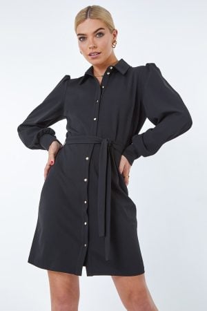 Dusk Fashion Button Through Belted Shirt Dress in Black 8 female