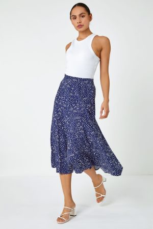 Dusk Fashion Confetti Spot Print A line Midi Skirt in Navy 14 female
