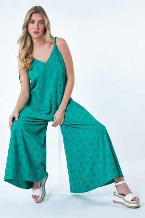 Dusk Fashion Cotton Broderie Pocket Wide Leg Jumpsuit in Turquoise 12 female