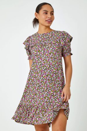Dusk Fashion Ditsy Floral Frill Detail Dress in Pink 8 female