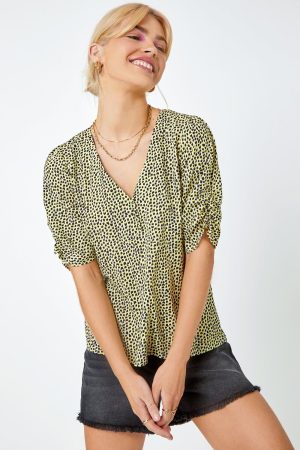 Dusk Fashion Ditsy Spot Button Detail Top in Yellow 14 female