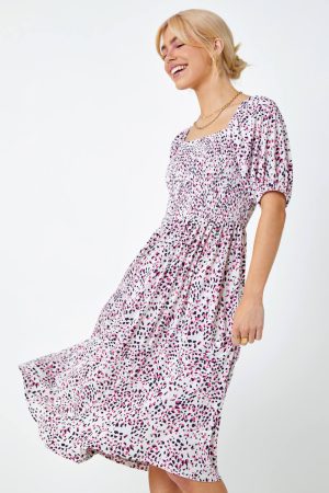 Dusk Fashion Ditsy Spot Print Shirred Dress in Pink 10 female