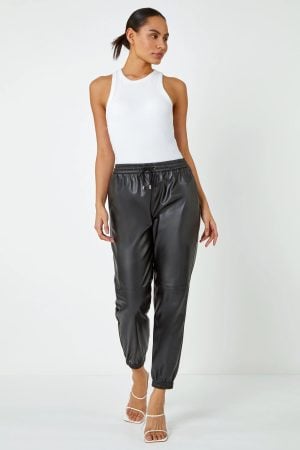 Dusk Fashion Faux Leather Cuffed Elastic Waist Joggers in Black 10 female