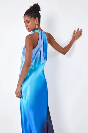 Dusk Fashion Satin Ombre Halterneck Dress in Navy 12 female