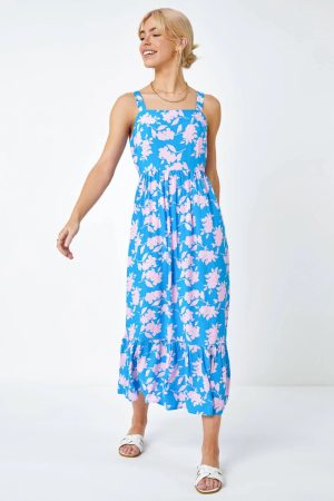 Dusk Fashion Sleeveless Floral Tiered Midi Dress in Sky Blue 14 female
