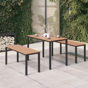Ebern Designs 3 Piece Garden Dining Set Steel and WPC Black, 1 Table, 2 Bench brown 110.0 W x 110.0 D cm