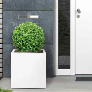 HORTICO Concrete Effect Square Planter, Frostproof Outdoor Plant Pot, Garden Planter Box with Drainage Holes white 40.5 H x 40.0 W x 40.0 D cm