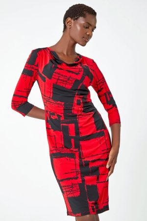 Roman Abstract Print Cowl Neck Bodycon Dress in Red 14 female