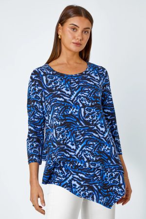 Roman Animal Asymmetric Layer Stretch Top in Blue 10 female