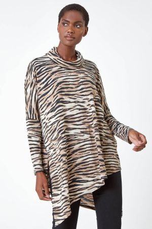 Roman Animal Print Asymmetric Stretch Top in Natural 10 female
