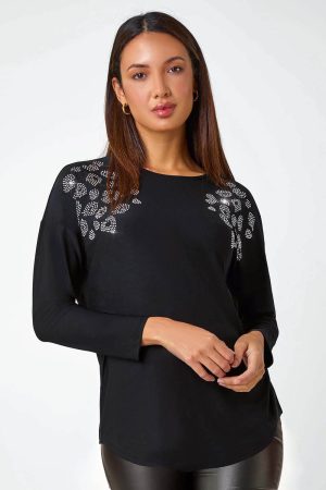 Roman Animal Print Embellished Stretch Top in Black 20 female