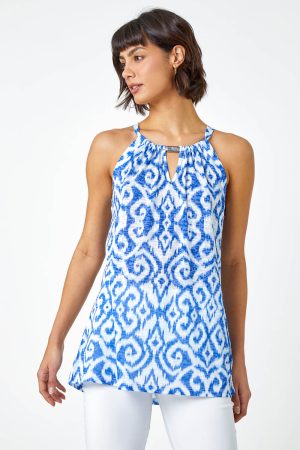 Roman Aztec Print Halter Neck Top in Blue 18 female