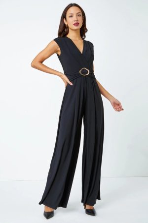 Roman Buckle Detail Sleeveless Wrap Jumpsuit in Black 20 female