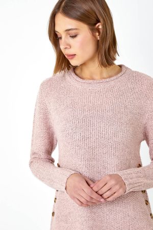 Roman Button Detail Curved Hem Jumper in Light Pink 20 female