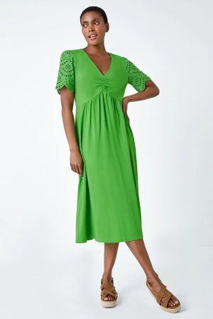 Roman Cotton Broderie Sleeve Midi Dress in Green - Size 18 18 female