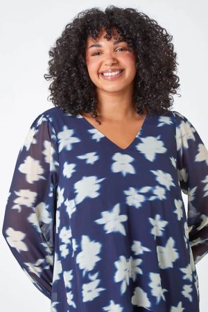Roman Curve Curve Floral Chiffon Overlay Tunic Top in Navy 20 female