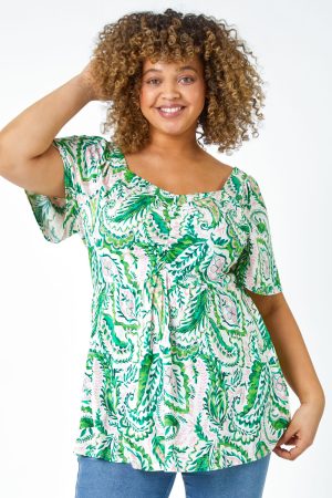 Roman Curve Curve Paisley Print Peplum V-Neck Stretch Top in Green 3032 female