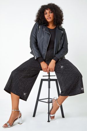 Roman Curve Curve Wide Leg Glitter Cropped Trouser in Black 3032 female